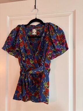 Anthropologie Blue Floral Wrap Blouse